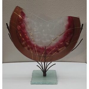 Abstract Glass Vase Iron Metal Stand Mark Hines? Glass Art Maroon Copper Color